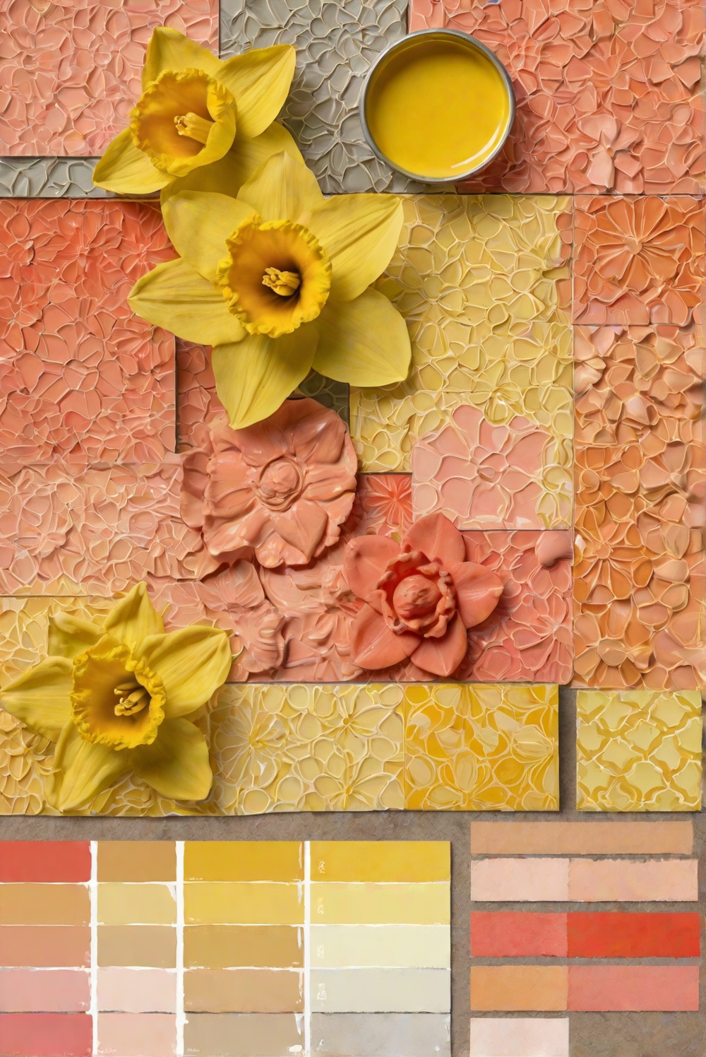 Vibrant and Sunny 2024: Coral and Daffodil Yellow Color Harmony