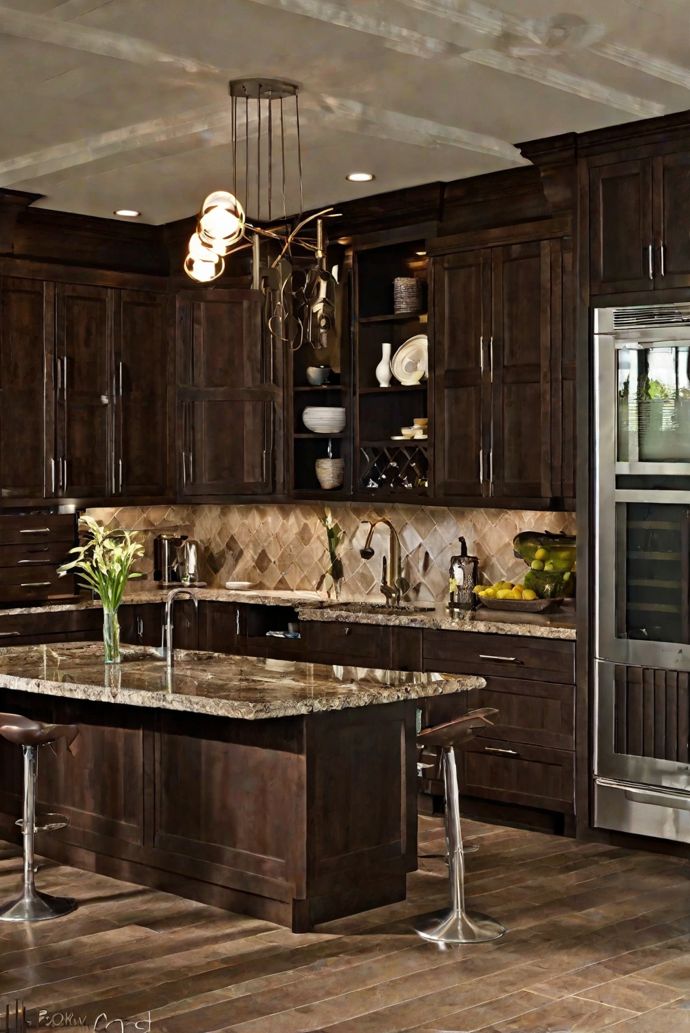 dark brown walls, dark brown cabinets, home interior design, space planning, kitchen designs