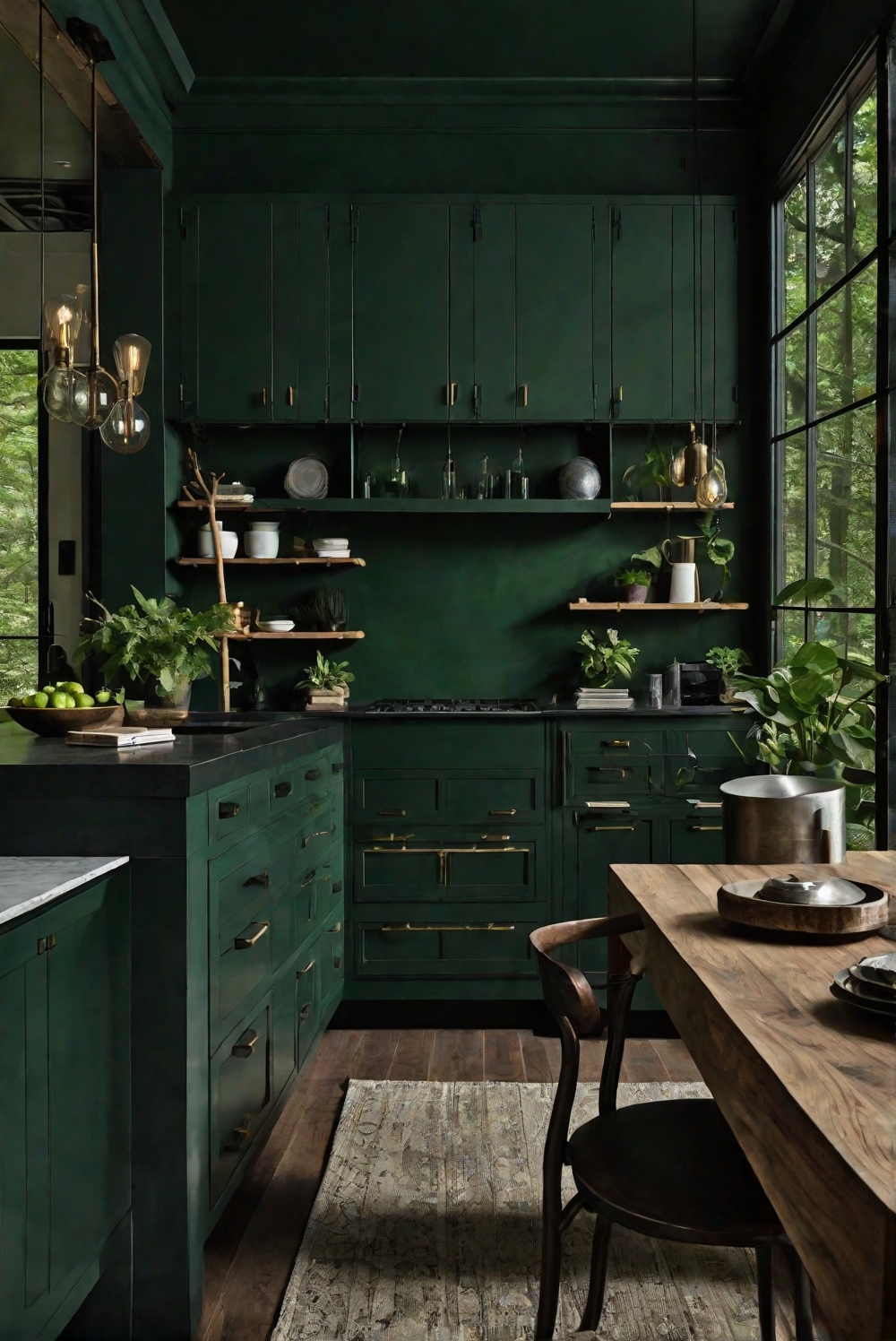 1. Dark green kitchen design 2. Interior design space planning 3. Home decor interior design 4. Designer kitchen designs 5. Wall paint color matching