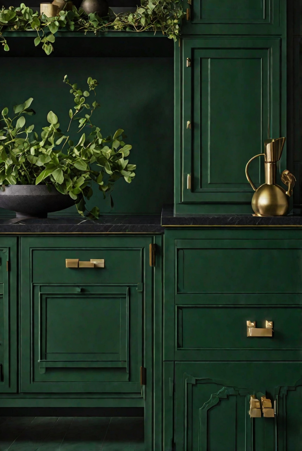 green paint, dark green cabinets, luxurious space, home decorating, interior design