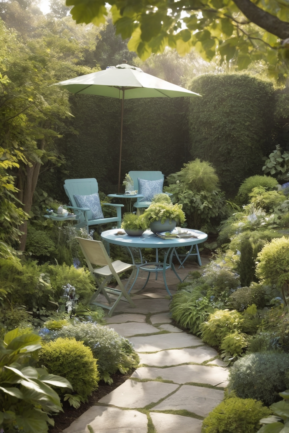 1. Small garden design 2. Green and blue garden layout 3. Garden decor ideas 4. Outdoor living space design 5. Beautiful garden layout