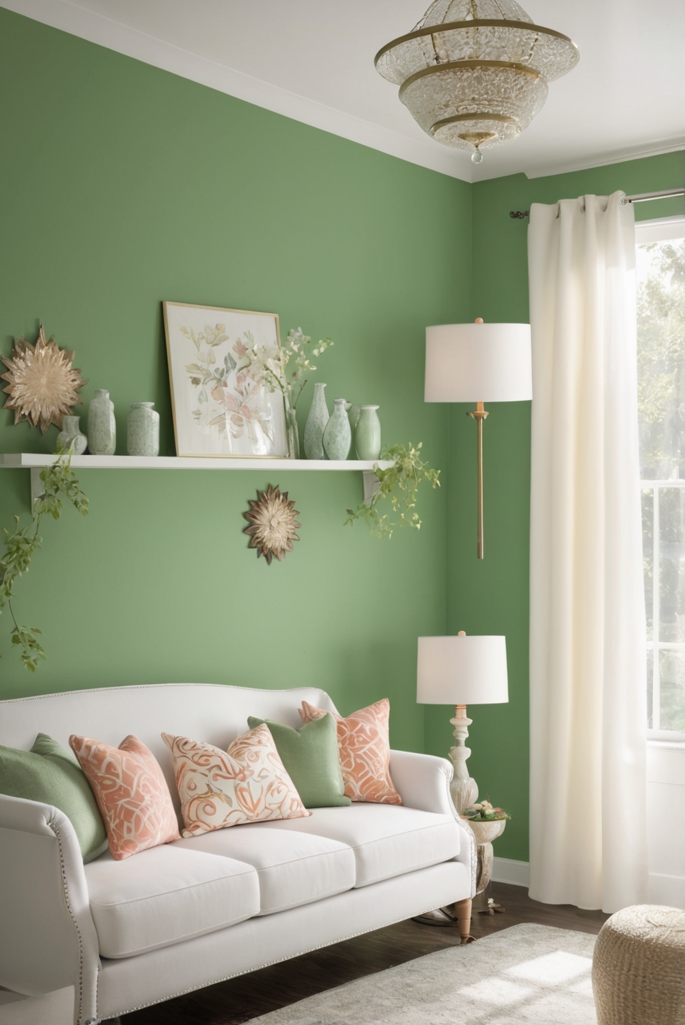 modern white decor, green accents, whimsical decorations, interior design, home decorating