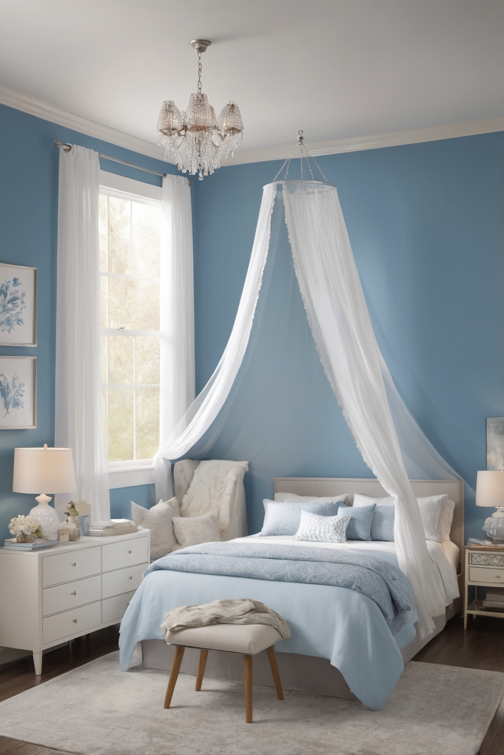 white and blue decor, modern bedroom design, dreamy bed canopy, interior design ideas, home decor inspiration