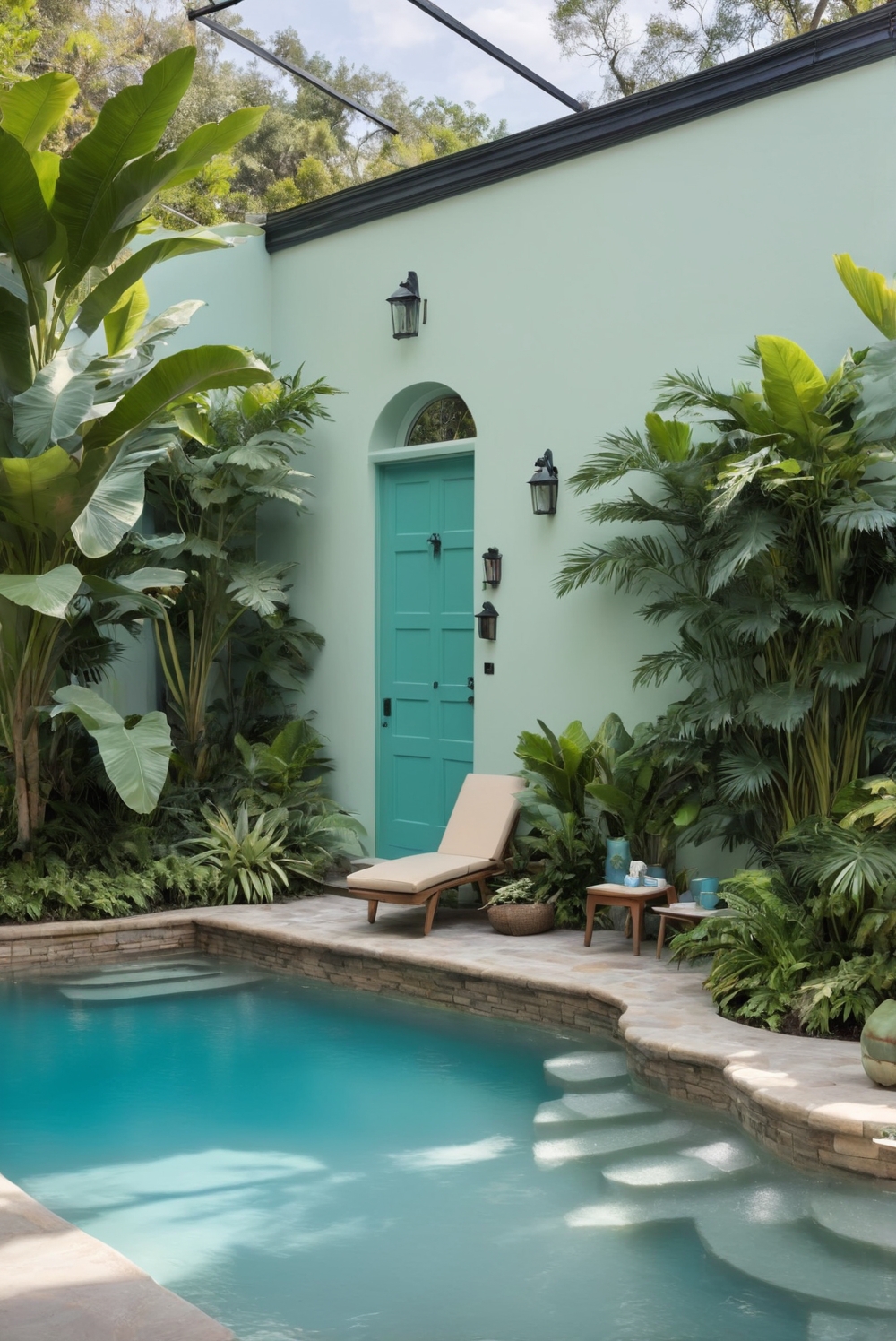 lush pool area, green plants, blue plants, home decorating, interior design