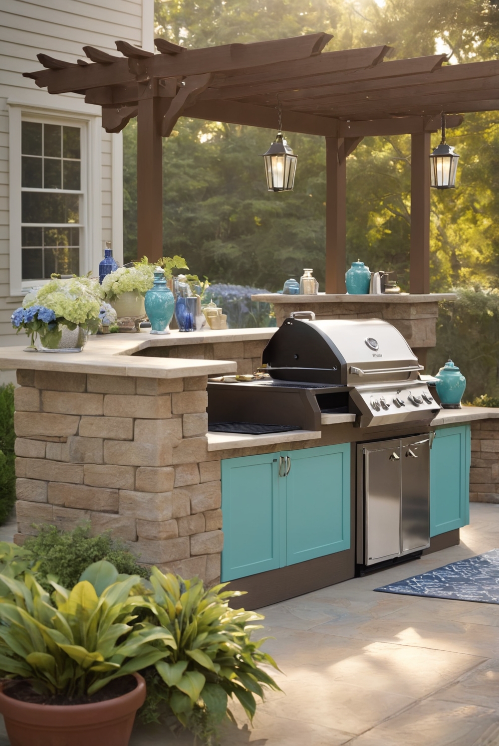 outdoor kitchen design, color coordination, interior design elements, outdoor living space, stylish decor