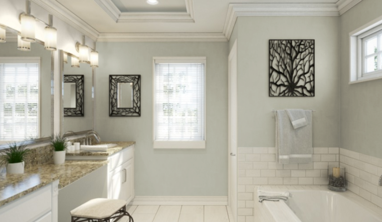 Sherwin Williams Silver Strand SW 7057
Light, muted gray-green, complements navy blue for a cool, refined color scheme that evokes calm and balance.