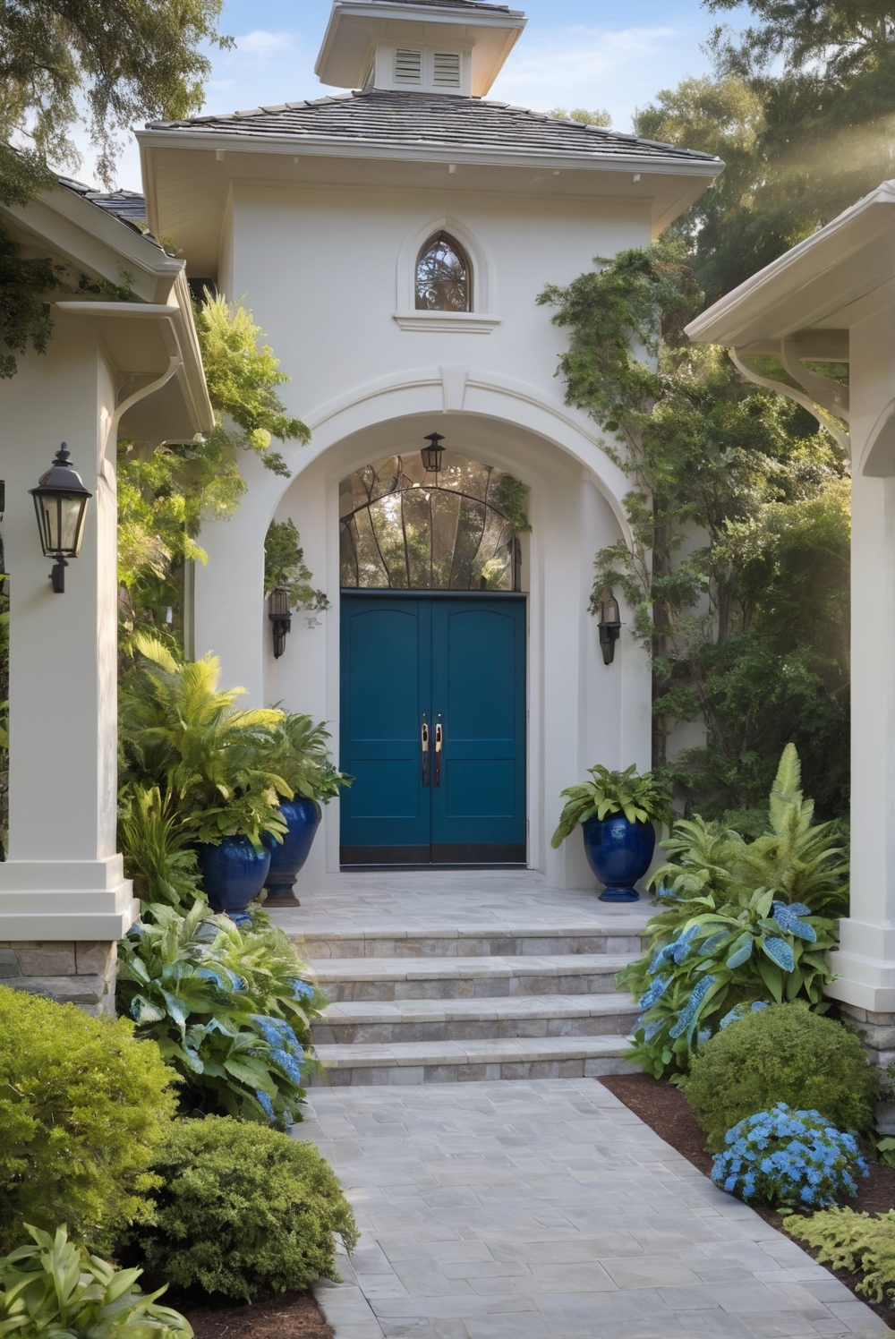 1. driveway landscaping, blue and green plants 2. driveway entry design, landscaping ideas 3. home exterior landscaping, curb appeal 4. front yard garden, entryway design 5. outdoor plant decoration, landscape design