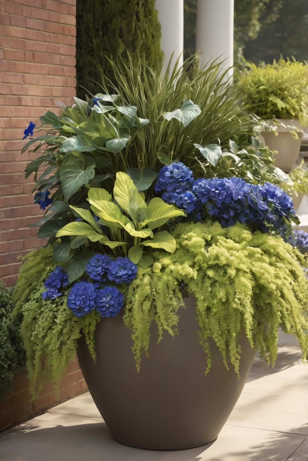 container gardening, full sun plants, blue blooms, green blooms, garden design