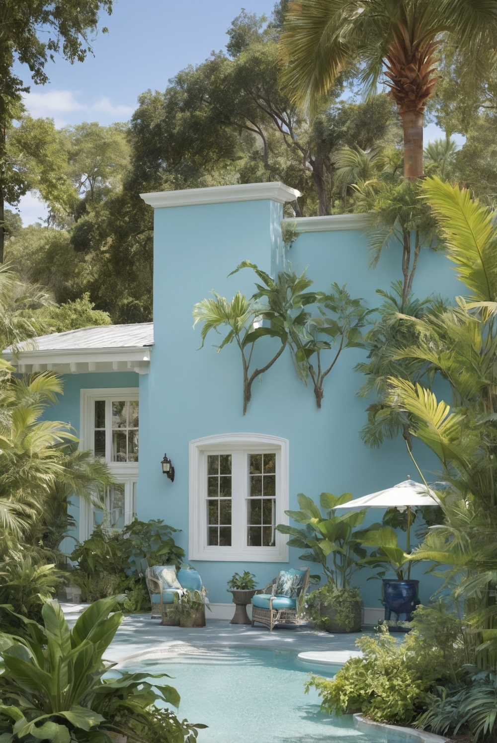 blue and green plants, poolside plants, indoor plants, home decoration, interior design