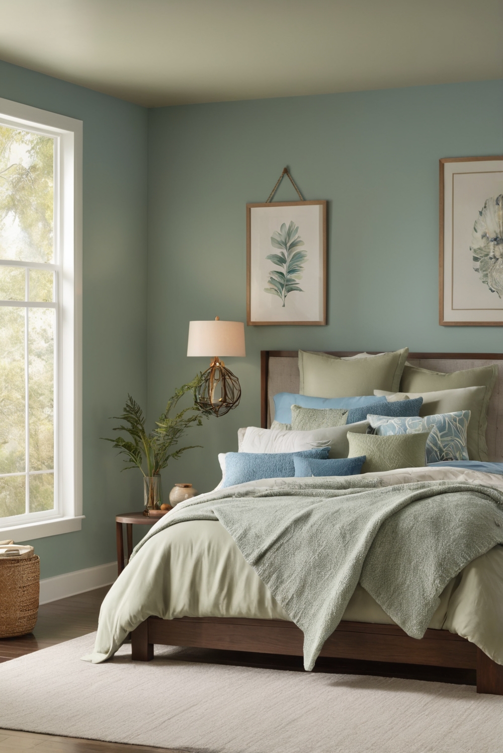 cozy bedroom decor, green and blue tones, home interior design, interior space planning, bedroom design