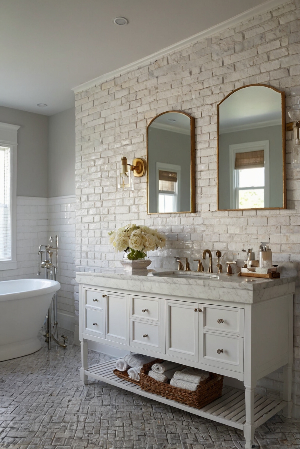 interior design, bathroom vanity, mirrors, double sink, home decor