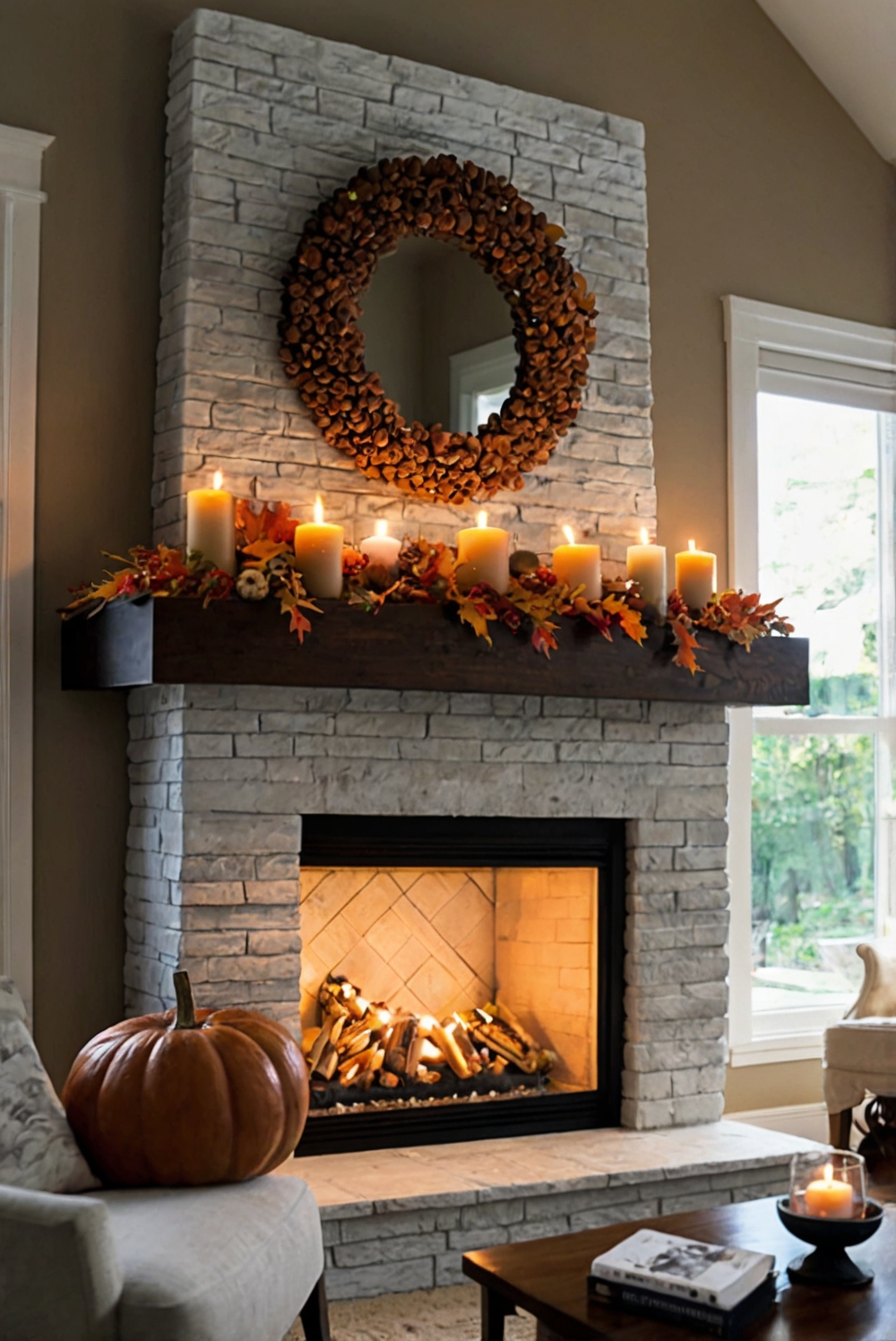 Fall home decor, Cozy living room, Autumn mantle decorations, Rustic fireplace design, Seasonal interior styling