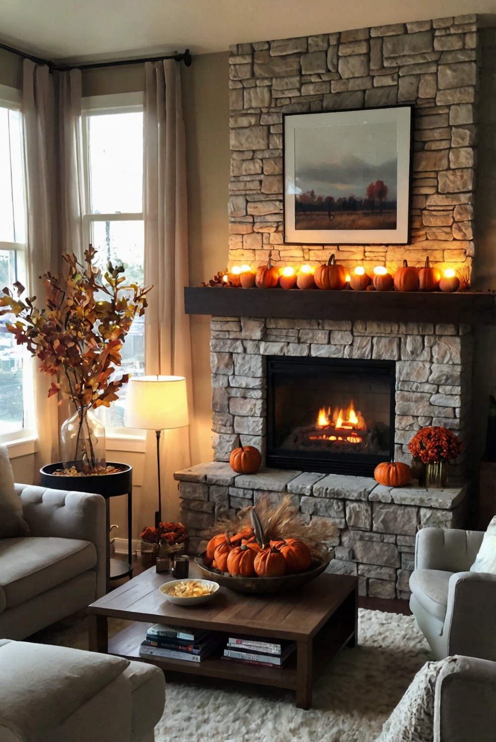 Fall mantle decor, TV mantle decor, Cozy fireplace setup, Autumn living room design, Rustic hearth decor