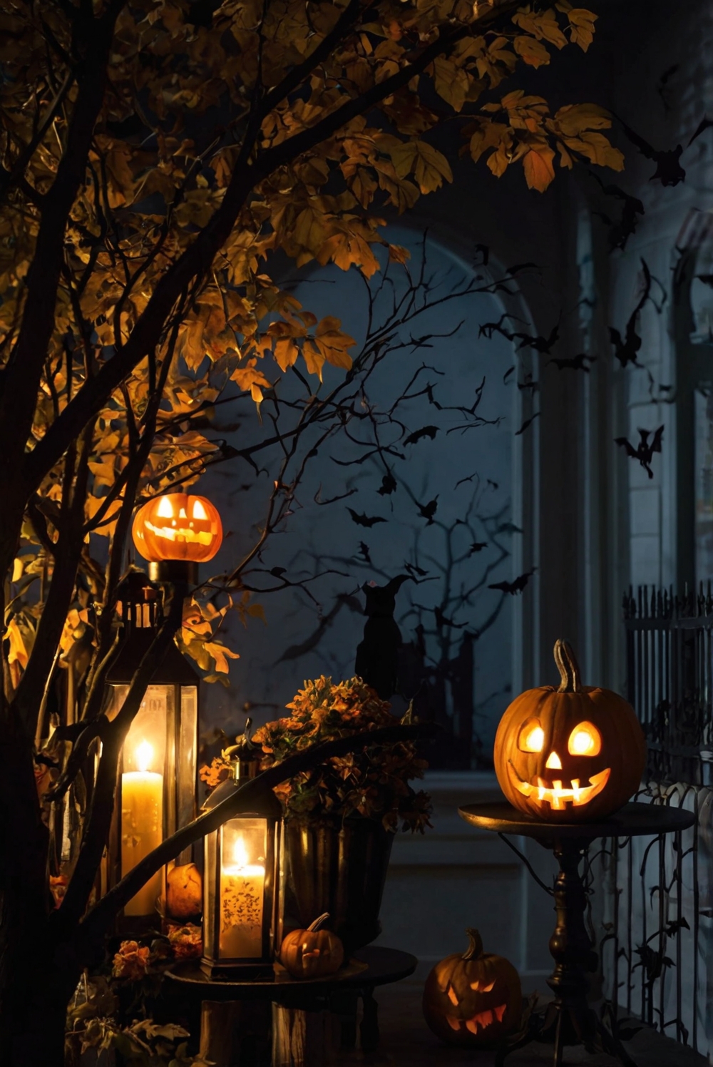 Halloween décor, spooky atmosphere, haunted house, creepy decorations, eerie lighting