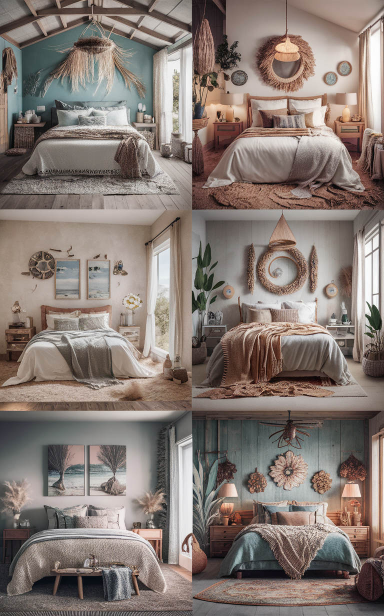 coastal boho bedroom decor, bohemian bedroom design, plant-filled bedroom, coastal chic bedding, boho furniture ideas