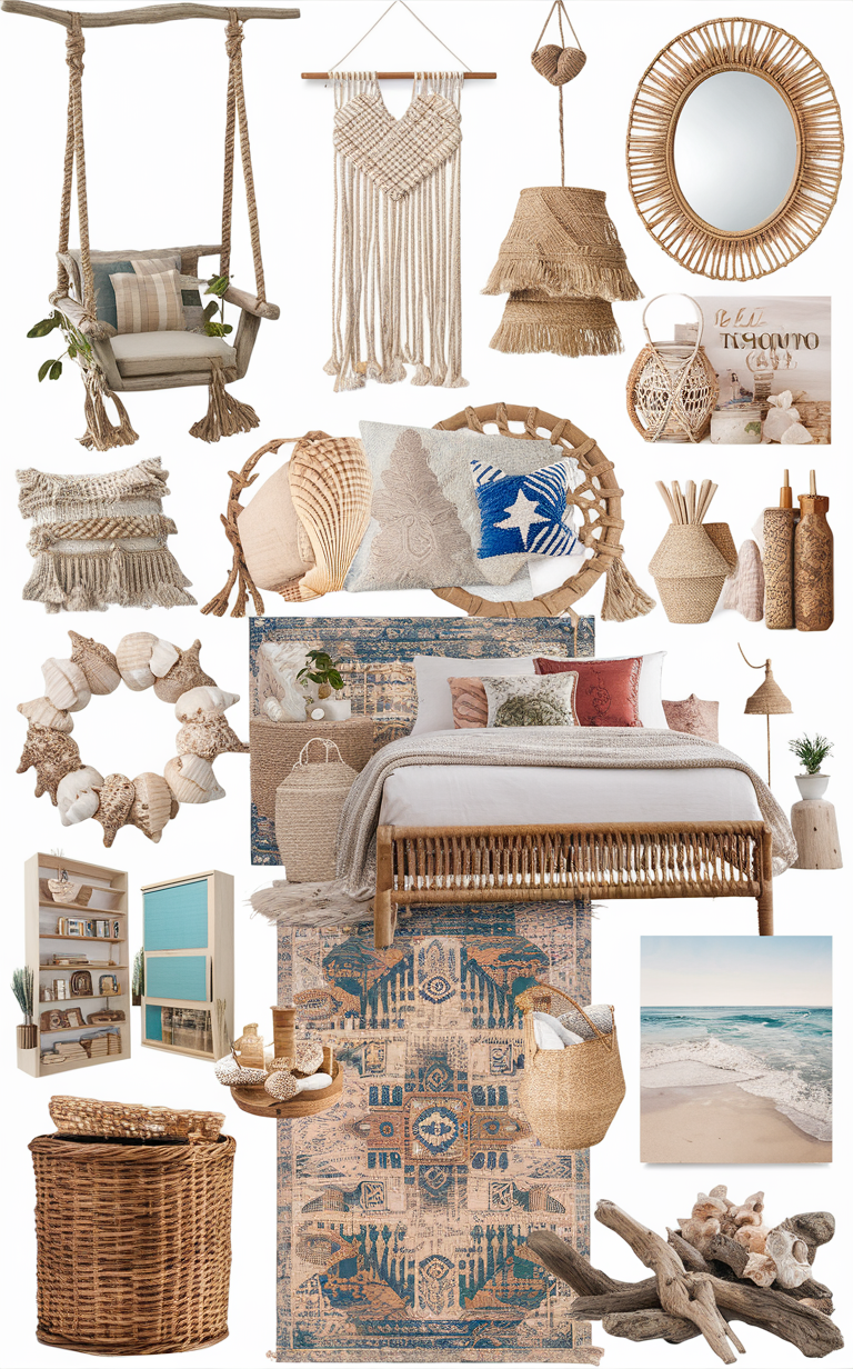 coastal boho bedroom decor, rattan furniture, boho bedroom design, beachy bedroom ideas, coastal home decor