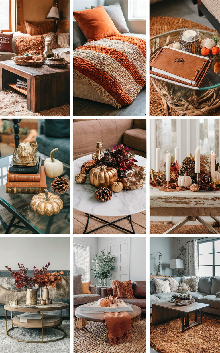 Cozy fall decor, Fall home accessories, Modern living room decor, Stylish coffee table decor, Trendy home accents