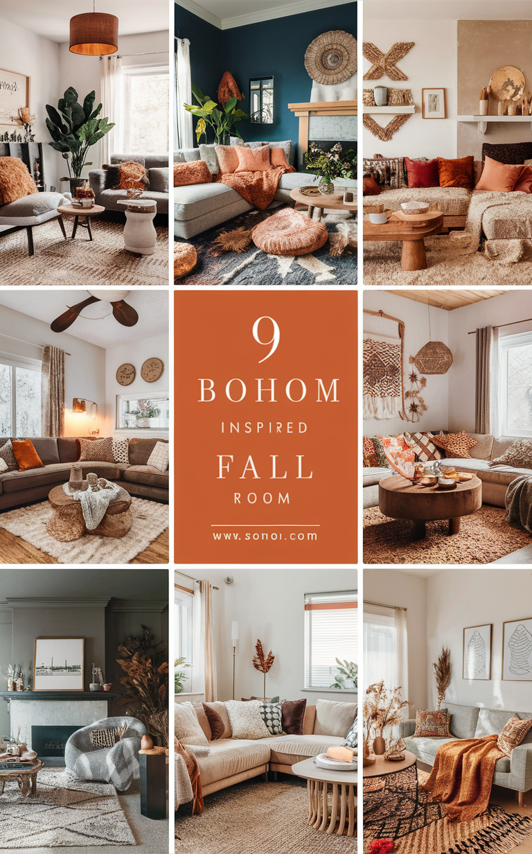 Boho living room decor, Boho chic design, Fall home inspiration, Cozy autumn vibes, Modern bohemian interiors