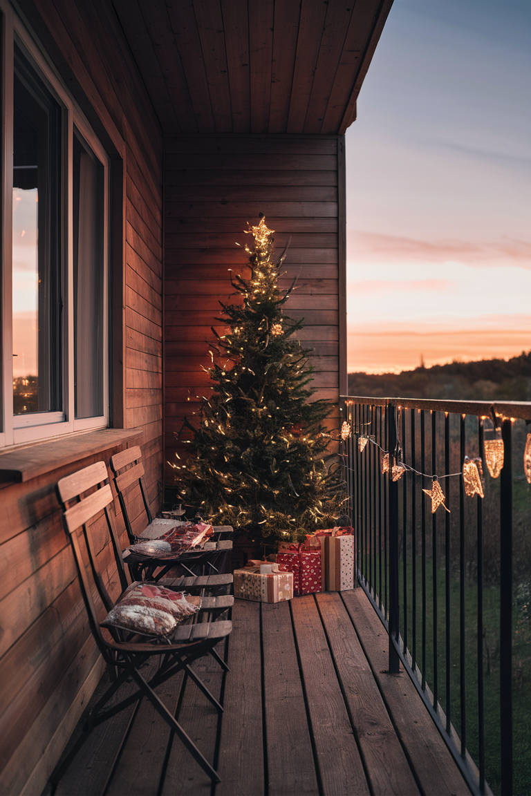 festive balcony lights, outdoor Christmas decorations, holiday light displays, winter balcony decor, Christmas balcony lighting