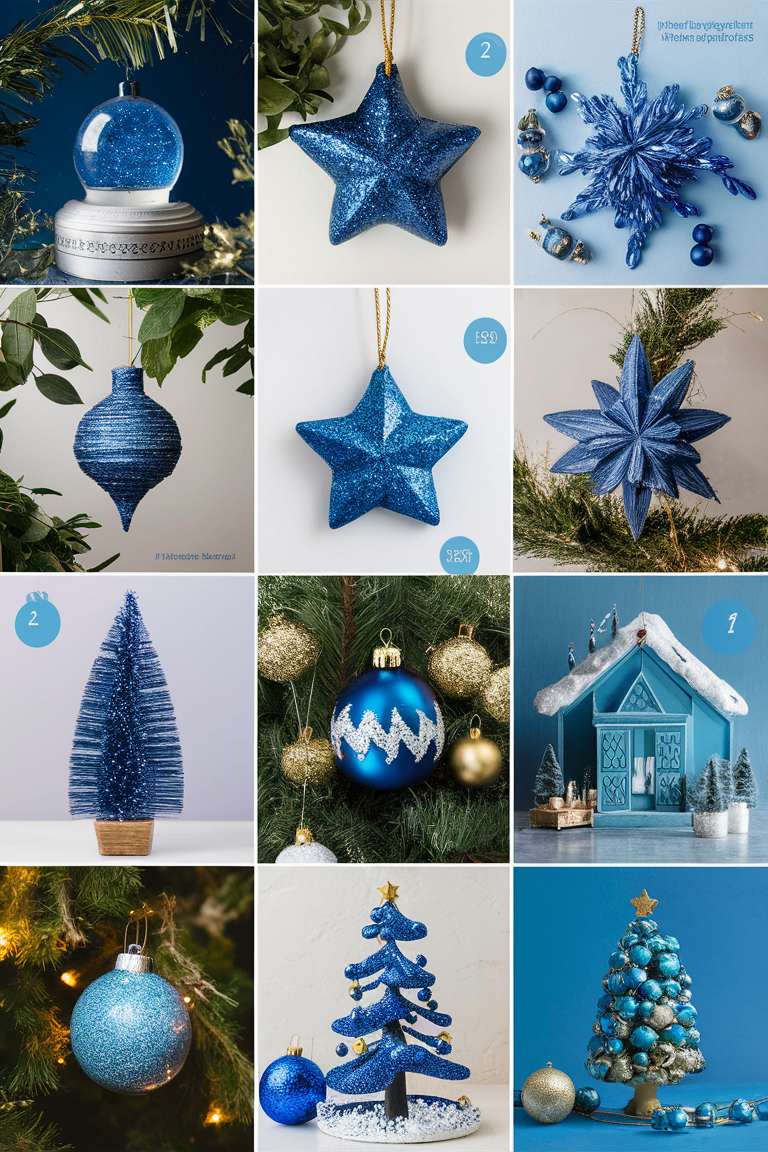 Blue Christmas decorations, Ornament display ideas, Holiday ornament display, Creative ornament arrangements, Unique ornament display