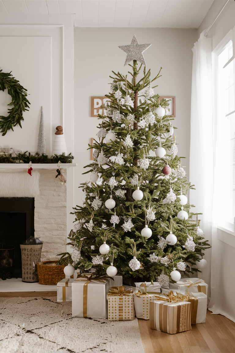 White Christmas Tree Decoration Ideas, Classic Christmas Tree Decor, Elegant White Christmas Decor, Winter Wonderland Tree, Festive Holiday Tree Ornament