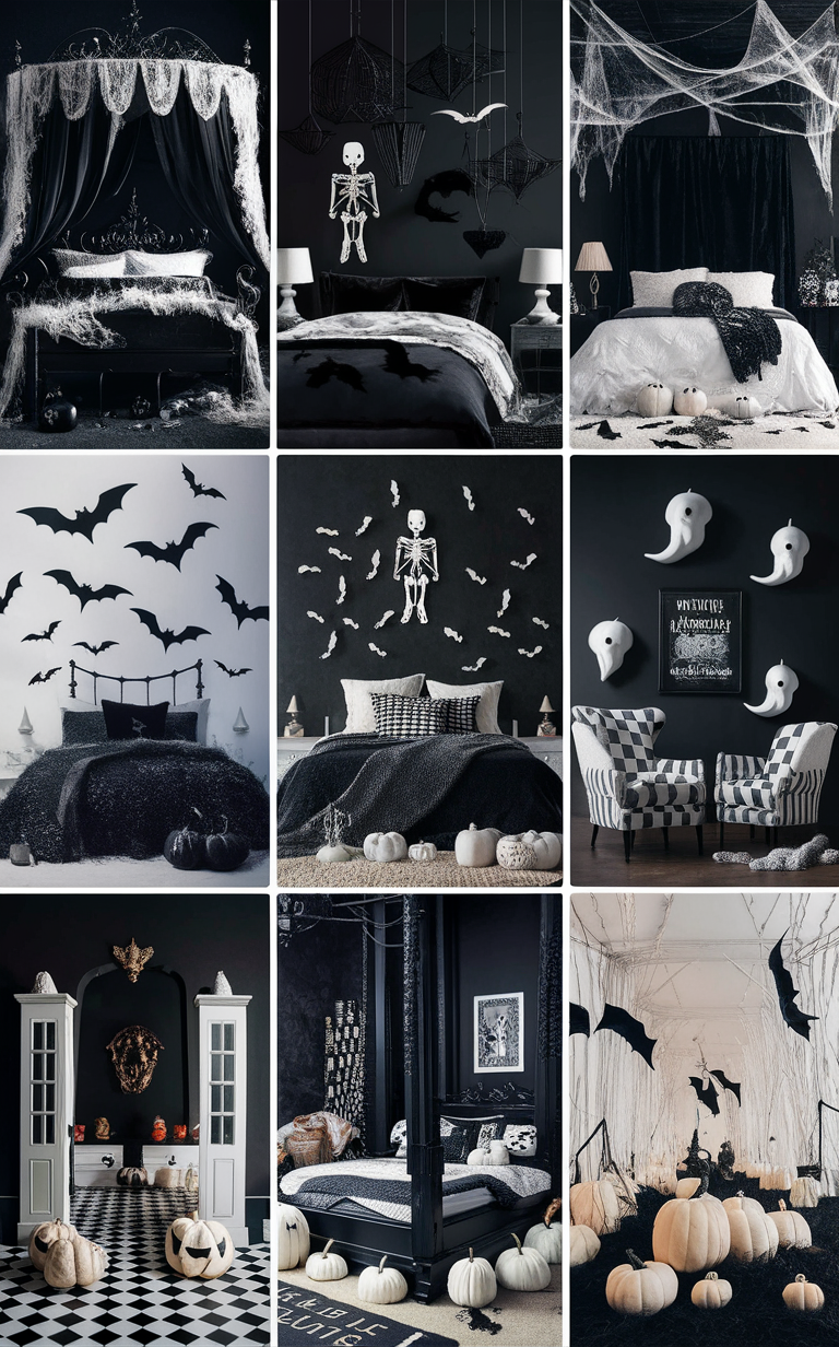 black and white decor, halloween theme, bedroom design, holiday room, spooky interior