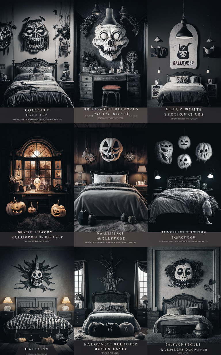 Halloween bedroom decor ideas, Black and white Halloween decor, Elegant Halloween decorations, Spooky bedroom decor, Chic Halloween bedroom ideas