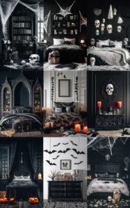 black and white Halloween decor, Halloween bedroom inspiration, spooky bedroom ideas, Halloween home decor, Halloween decorating ideas