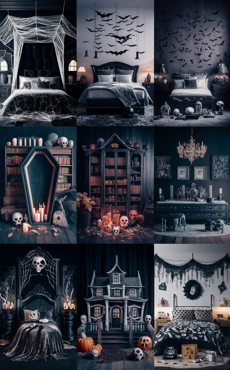 black and white Halloween decor, Halloween bedroom decorations, spooky bedroom ideas, haunted bedroom decor, gothic bedroom design