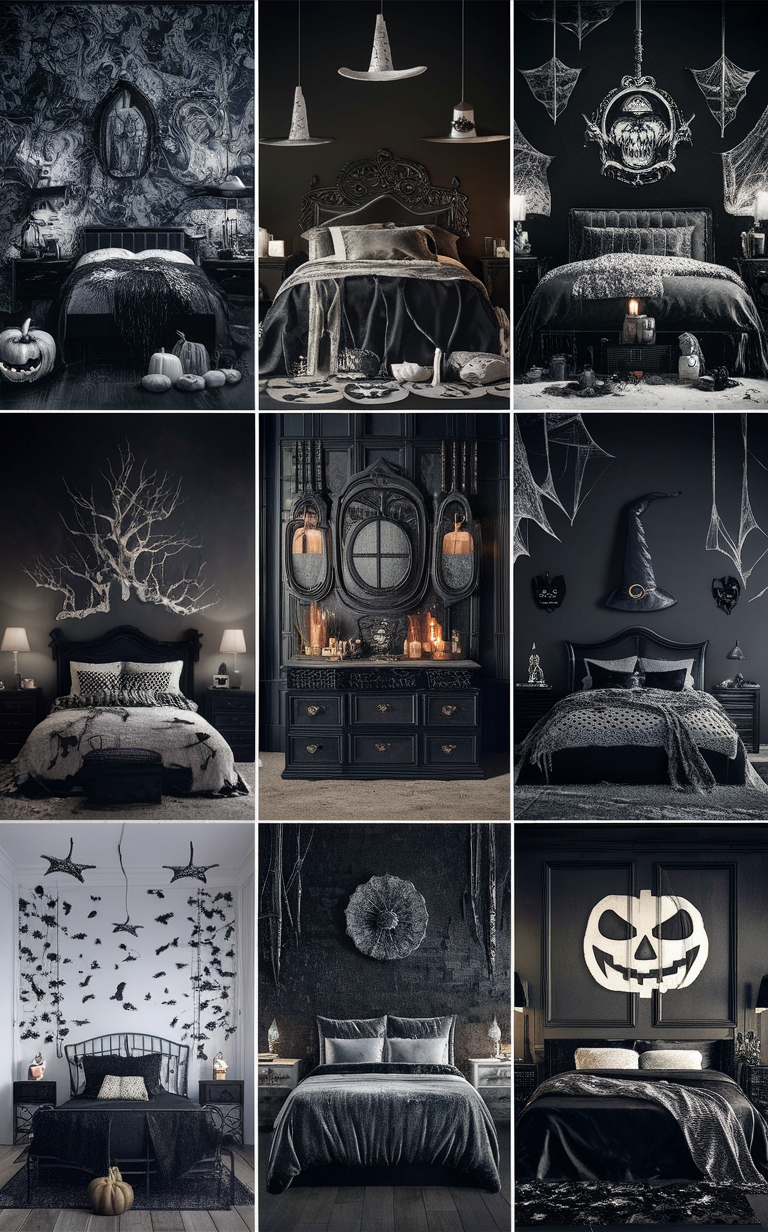 Halloween bedroom decor, Gothic bedroom ideas, Elegant Halloween decorations, Monochrome room design, Creepy chic decor