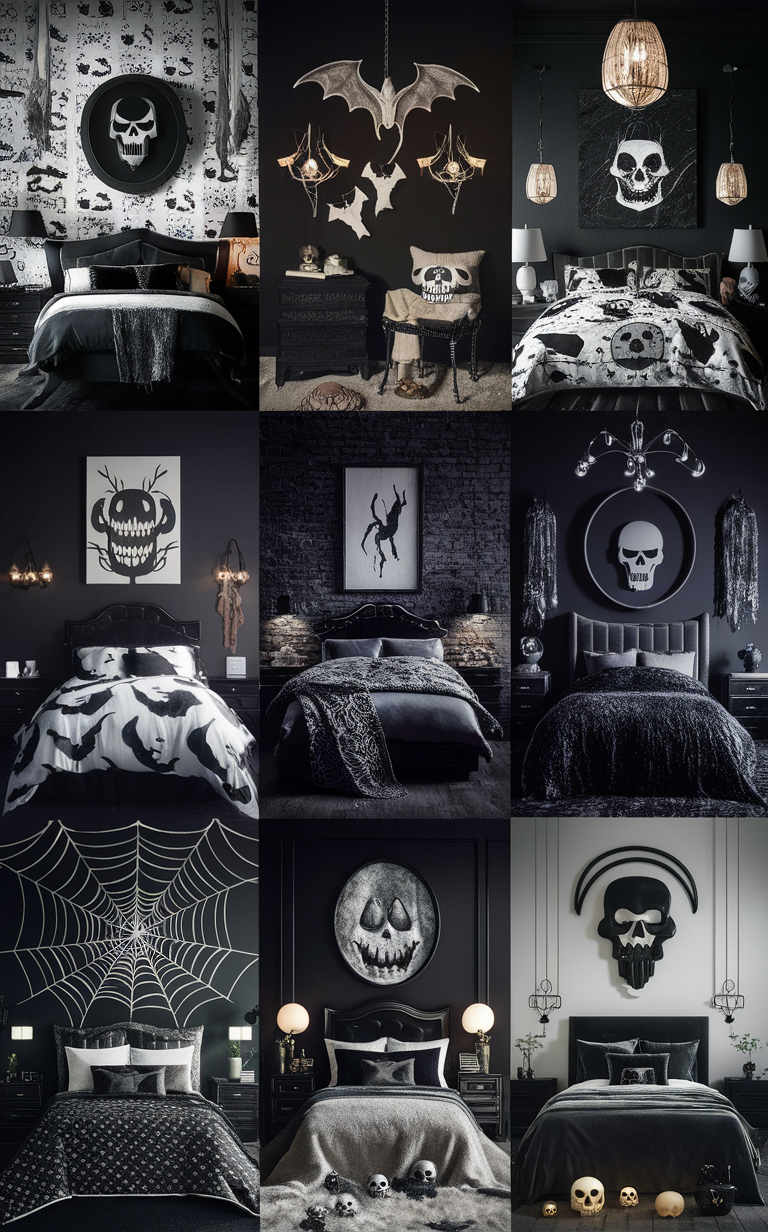 Halloween decor ideas, Gothic bedroom, Spooky bedroom, Halloween bedroom decor, Black and white bedroom