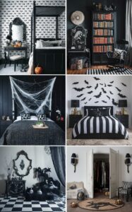 Halloween bedroom decorations, Halloween bedroom design, Halloween bedroom inspiration, Black and white Halloween room, Gothic bedroom decor