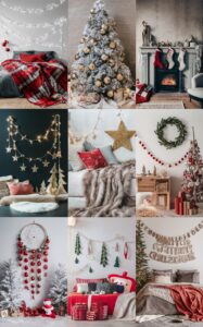 Christmas bedroom decor, Festive room decorations, Holiday bedding ideas, Seasonal bedroom styling, Winter interior design