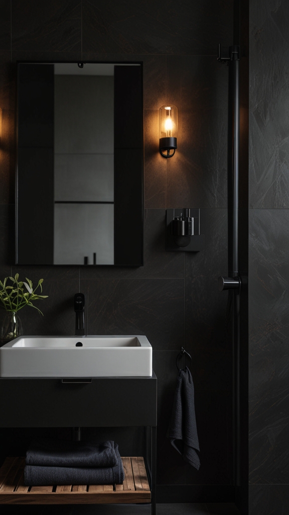 Japandi Bathroom ,Interior with Black Accents, for Contrast