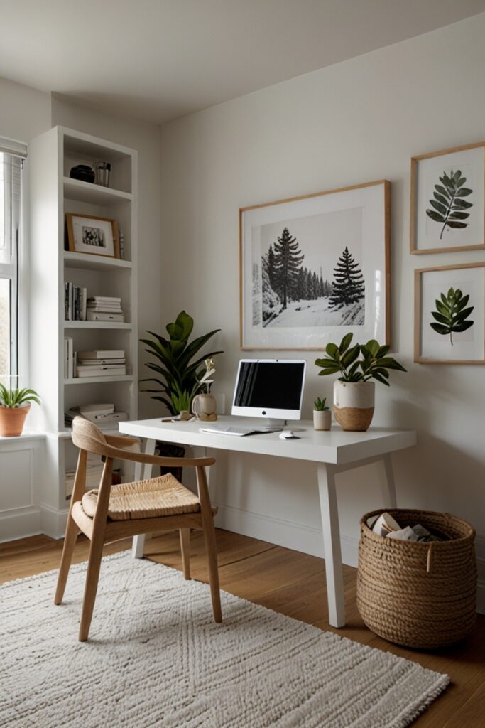 white home office decor, home office design ideas, minimalist home office decor, modern home office furniture, Scandinavian home office design