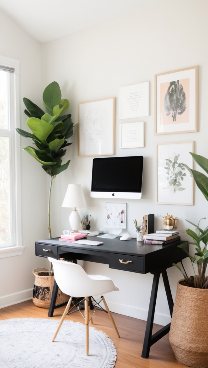 Black Desk Styling Ideas, Home Office Desk Decor, Modern Office Desk Design, Stylish Desk Accessories, Home Office Desk Organization