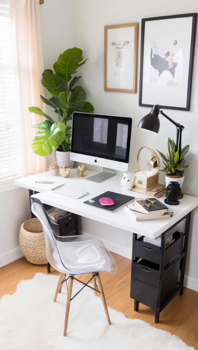 Black Desk Styling Ideas, Home Office Desk Decor, Modern Office Desk Design, Stylish Desk Accessories, Home Office Desk Organization