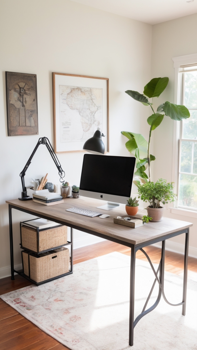 Black iron desk, Home office inspiration, Styling a desk, Focus in workspace, Office decor