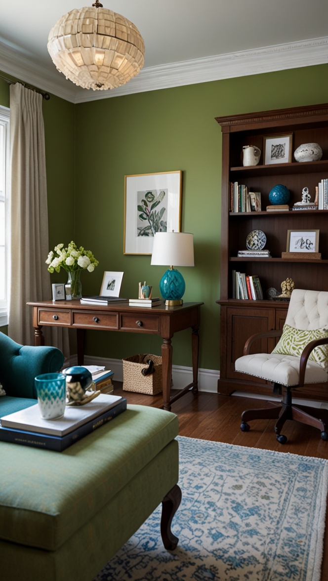 Home office decor, Office room design, Blue green decor ideas, Creative workspace setup, Modern workspace makeover