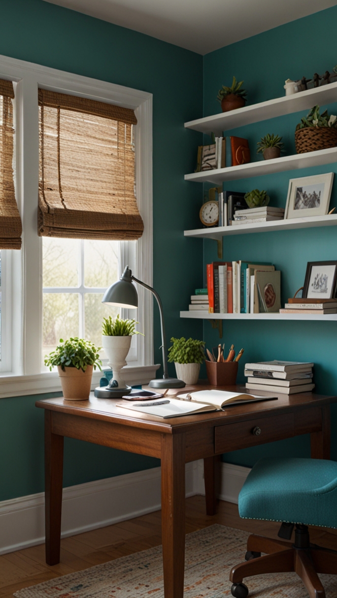 Home office decor, Office room design, Blue green decor ideas, Creative workspace setup, Modern workspace makeover