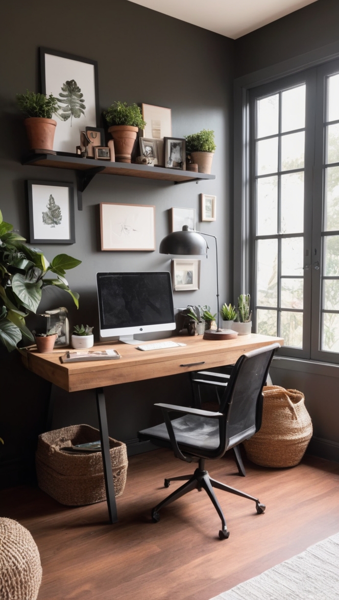home decor ideas, interior design, modern office space, industrial furniture, stylish work environment