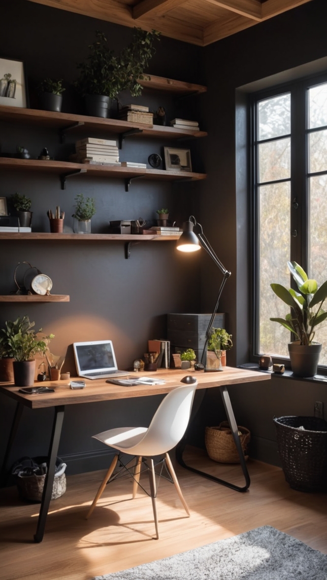 home decor ideas, interior design, modern office space, industrial furniture, stylish work environment