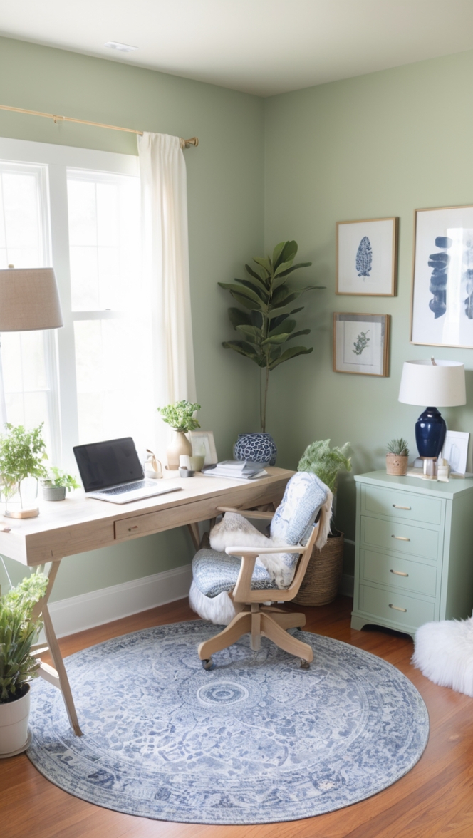 Sage green home office, Navy guest room, Home office design, Guest room decor, Creative workspace