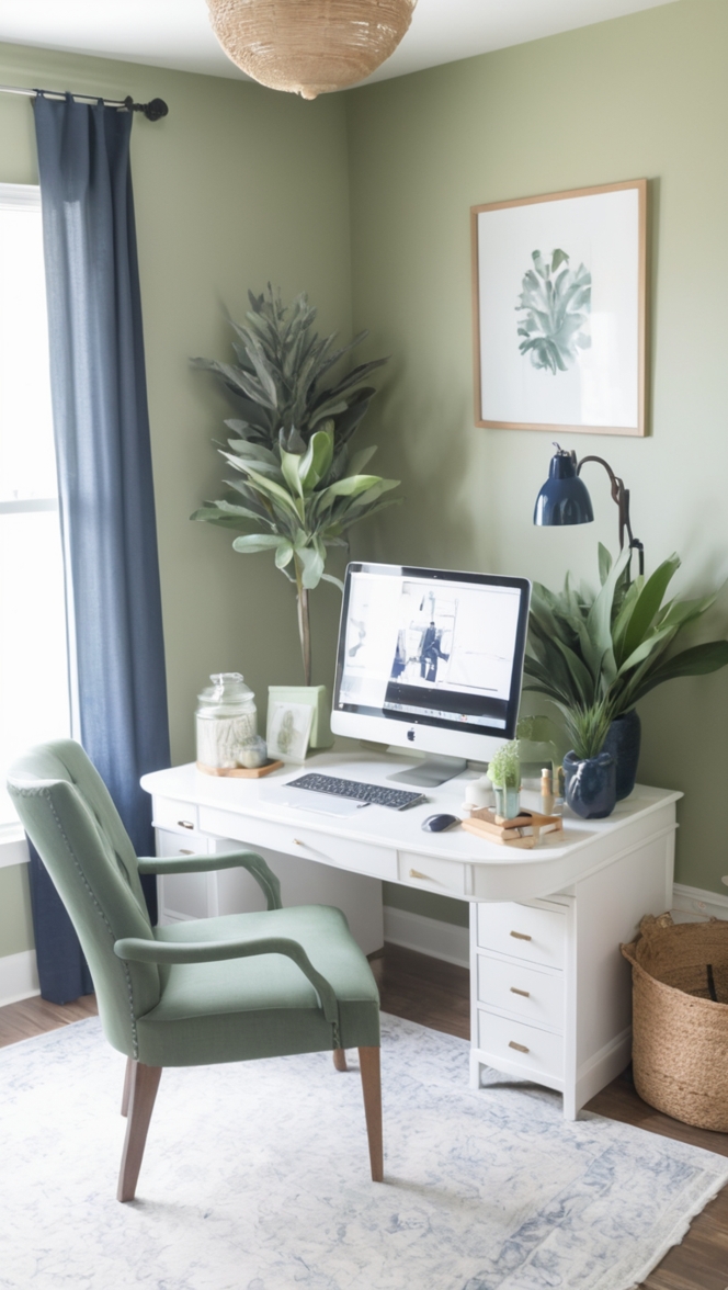 Sage green home office, Navy guest room, Home office design, Guest room decor, Creative workspace