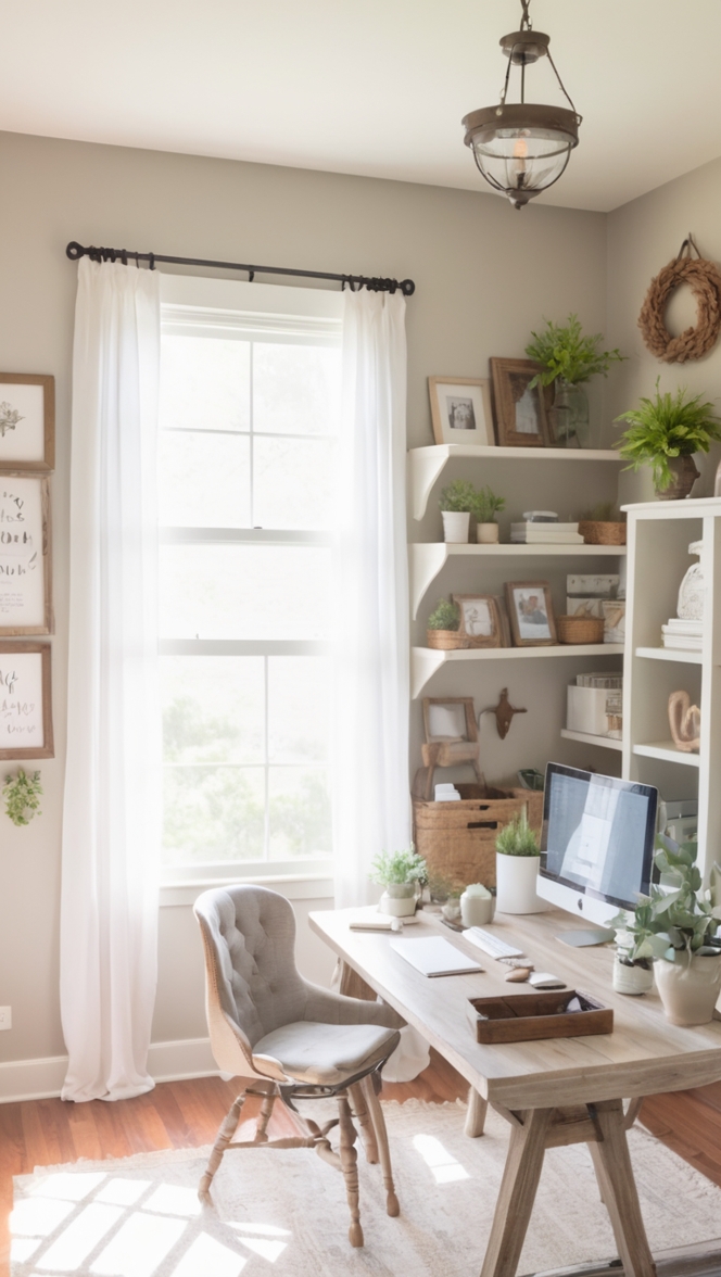 farmhouse decor, home office design, cozy workspace, rustic furniture, chic office accessories