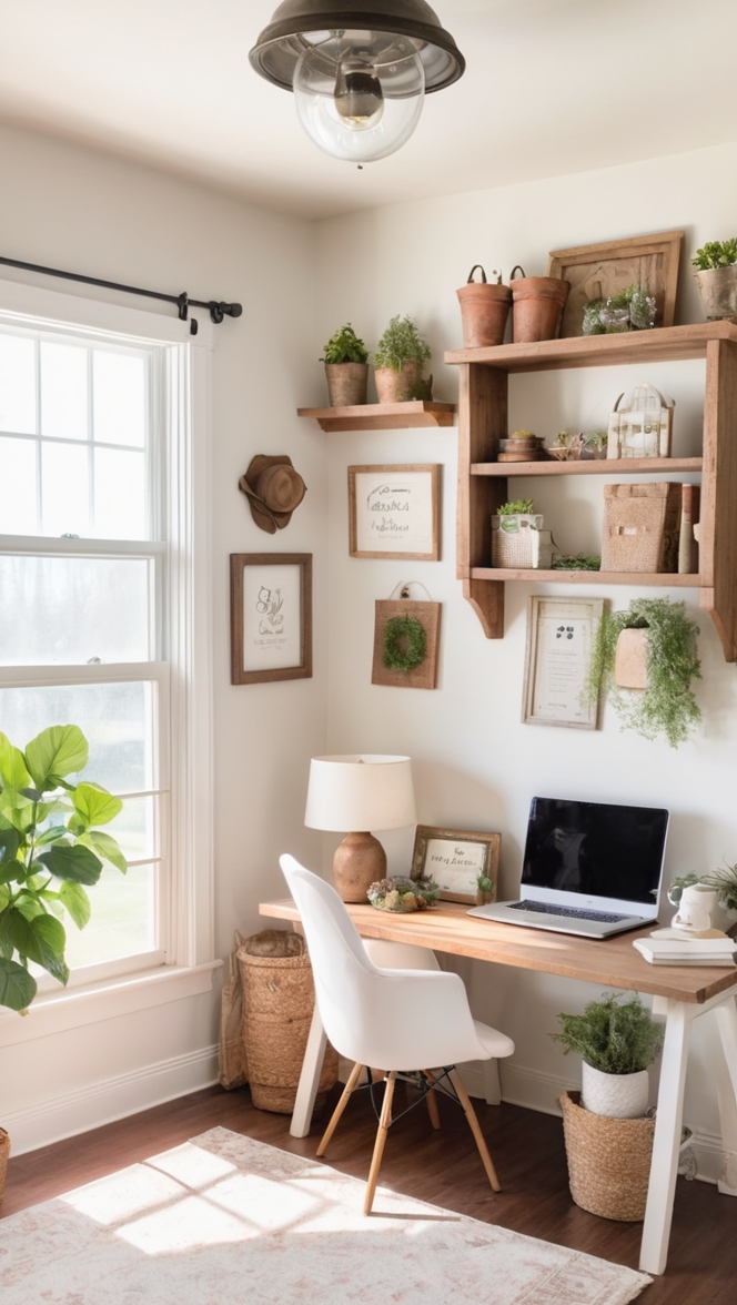 farmhouse decor, home office design, cozy workspace, rustic furniture, chic office accessories