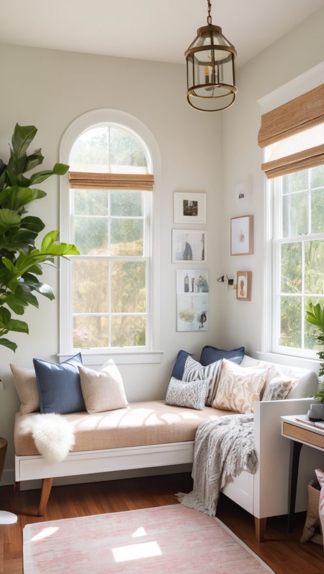 Home office design, Cozy daybed, Home office layout, Comfortable workspace, Stylish furniture