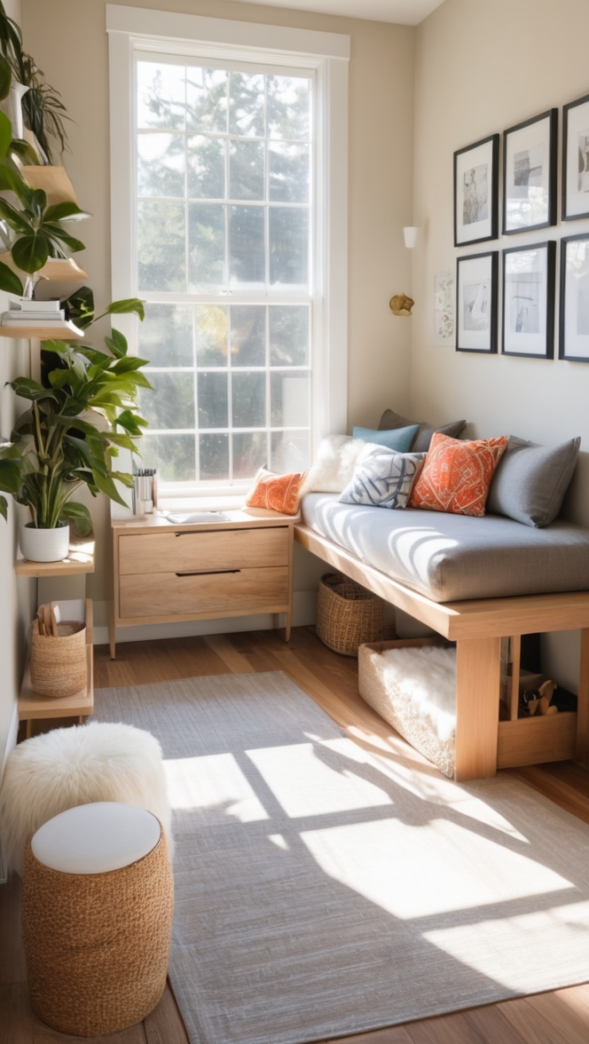 Home office design, Cozy daybed, Home office layout, Comfortable workspace, Stylish furniture