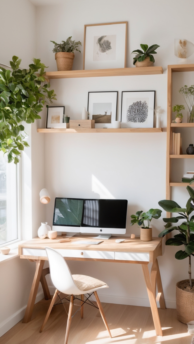 Japandi home decor, minimalist home office, zen home workspace, Scandinavian design, Japanese minimalism