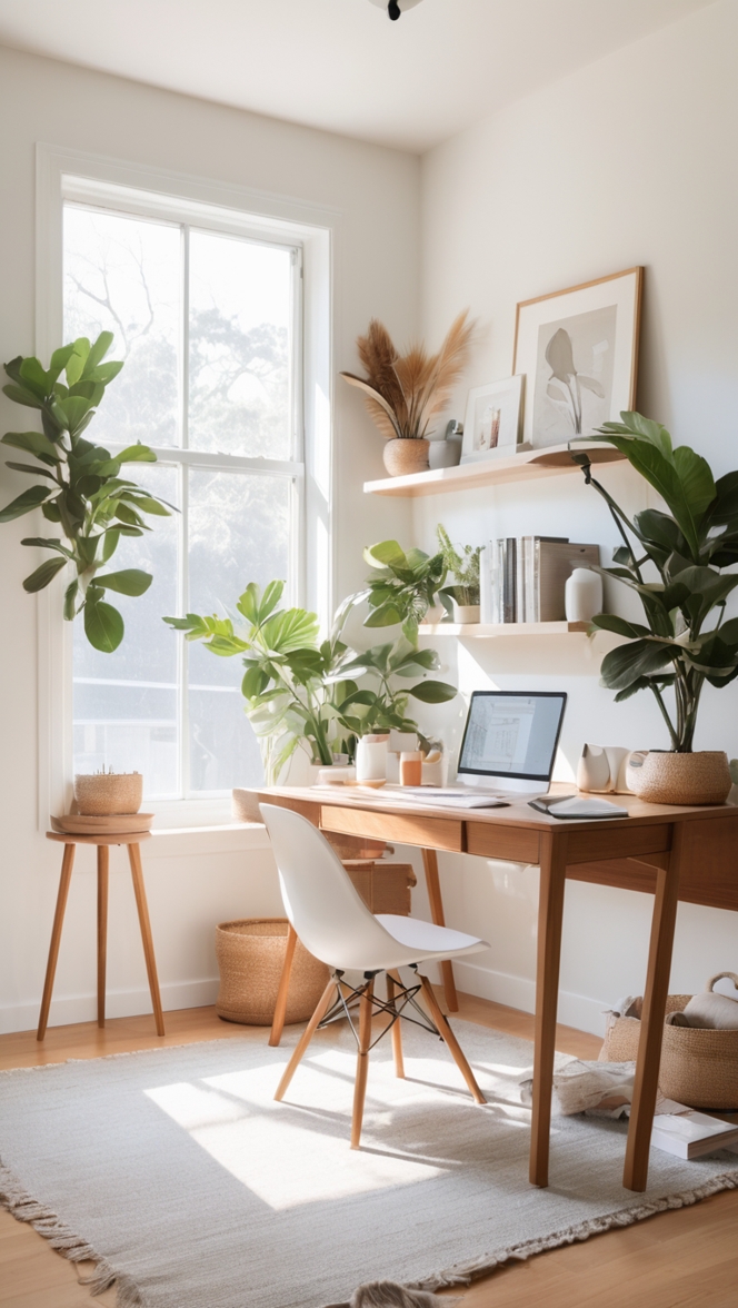 Japandi home decor, minimalist home office, zen home workspace, Scandinavian design, Japanese minimalism